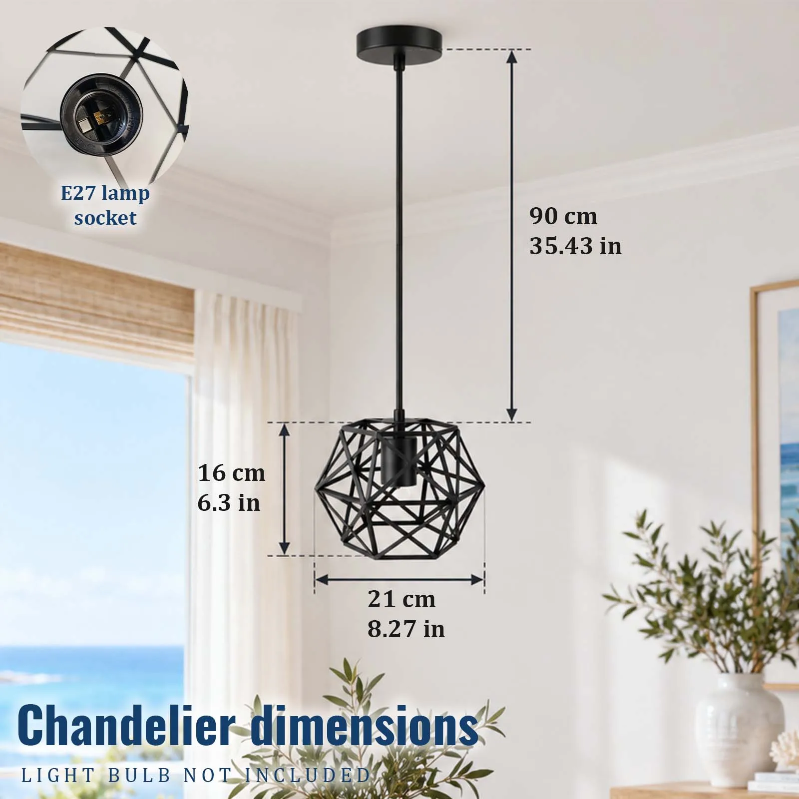 Pendant Light, Black Metal Polyhedron Cage, Geometric Globe, Open Frame, E27, Industrial, Dining Room Kitchen Island