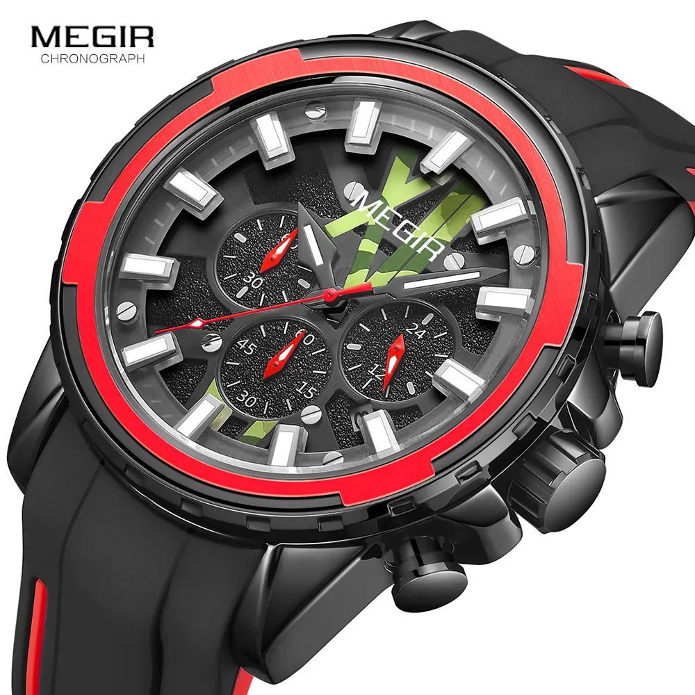 MEGIR-reloj analógico de cuarzo para hombre, cronógrafo con correa de silicona, manecillas luminosas, fecha automática, impermeable, deportivo,