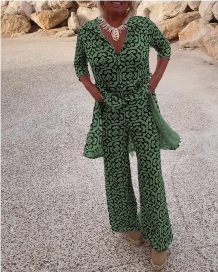 Primavera Estate Nuovo set da 2 pezzi per donna Modello casual stampato Abito bohémien Lady risvolto Camicia a mezza manica Abito con pantaloni lunghi