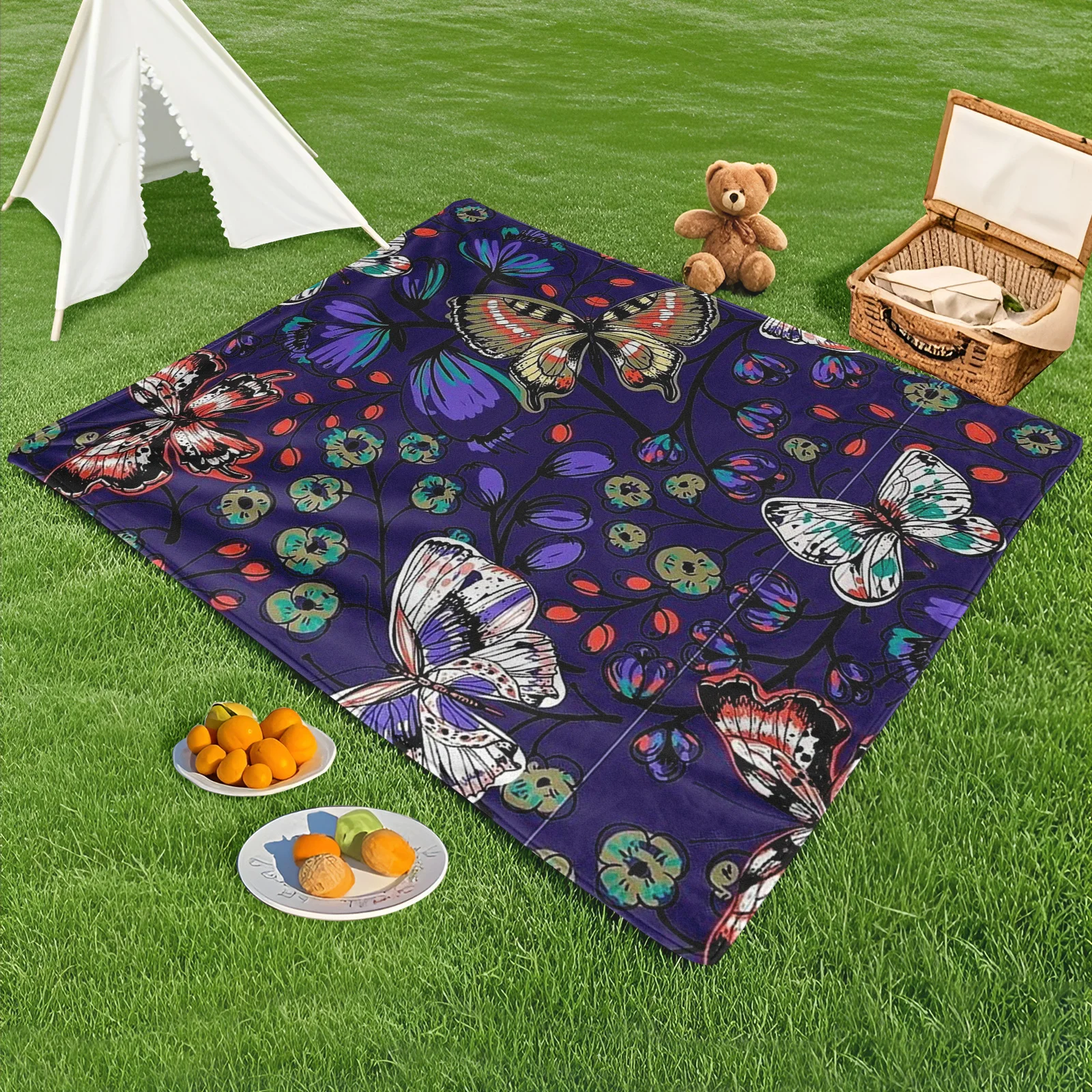 

Butterfly Pattern Blue Background Purple Flowers Outdoor Picnic Blanket For Beach Camping And Park Adventures