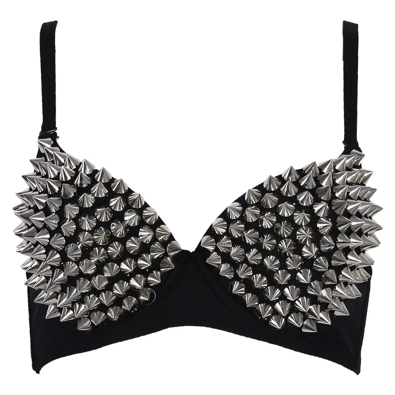 Nova Chegada: Bralette Feminino com Tachas, Sutiã Plunge Sexy Prateado com Rebites, Top de Lingerie Fashion para Balada