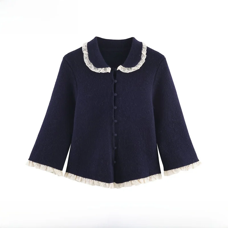 

Модная трикотажная верхняя одежда, женское пальто с круглым воротником и кружевной отделкой, новый осенне-зимний длинный теплый кардиган из полиэфирного волокна све