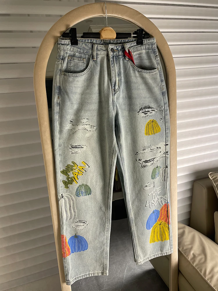 

American Street Art Hand-Painted Graffiti Print Men's Jeans Spring Autumn Loose Straight Design Lightweight Long Trousers