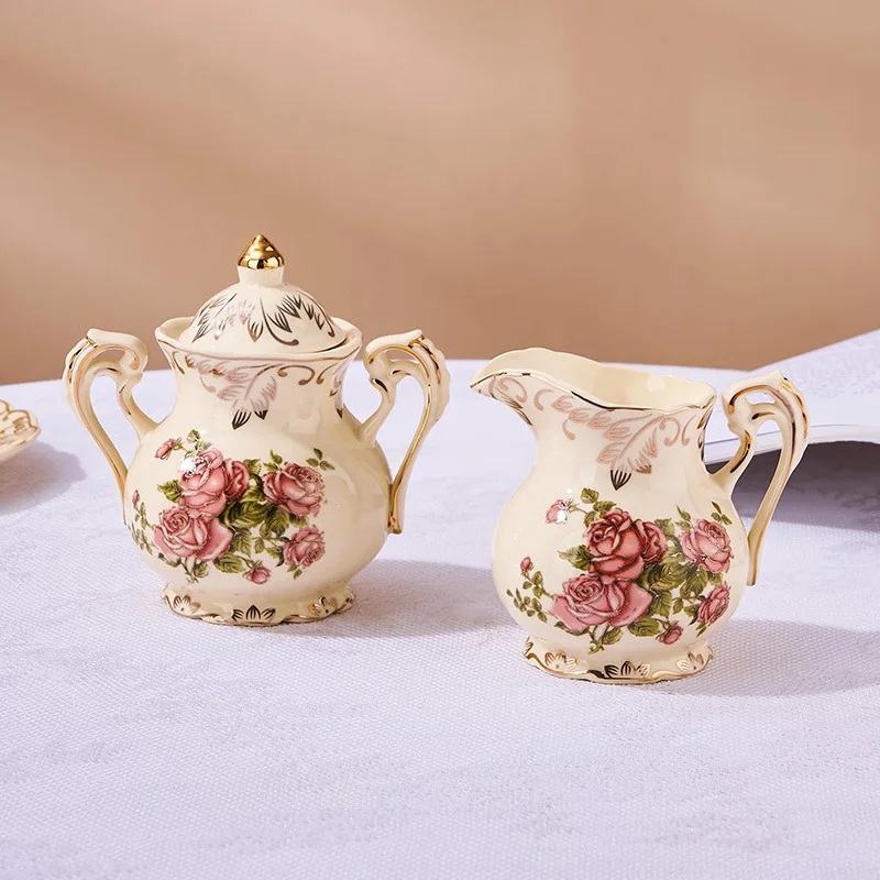 European style ceramic sugar cup milk pot set coffee set, flower cup milk can, sugar box storage can