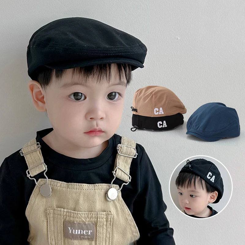 Drawstring Kids Beret Fashion Letter Children Duck Tongue Hat 1-5year Boys Girls Sunshade Visors Solid Cotton Baby Forward Cap