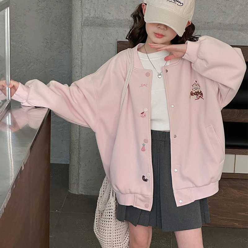 2025 Autumn Children's Embroidered Baseball Coat Long Sleeve Winter Boys' Cotton Coat Girls' Spring Round Neck Warm Jacket