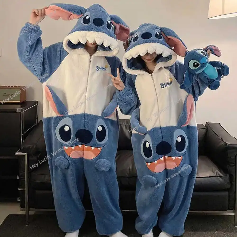 Cartoon Anime Stitch para Onesies piżama zimowa koralowa polarowa termiczna z kapturem duży rozmiar sweter męska Casual piżama damska