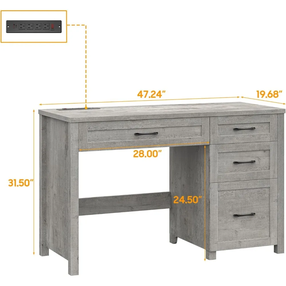 "47" grey home office desk with file drawer and charging station for executive workstation