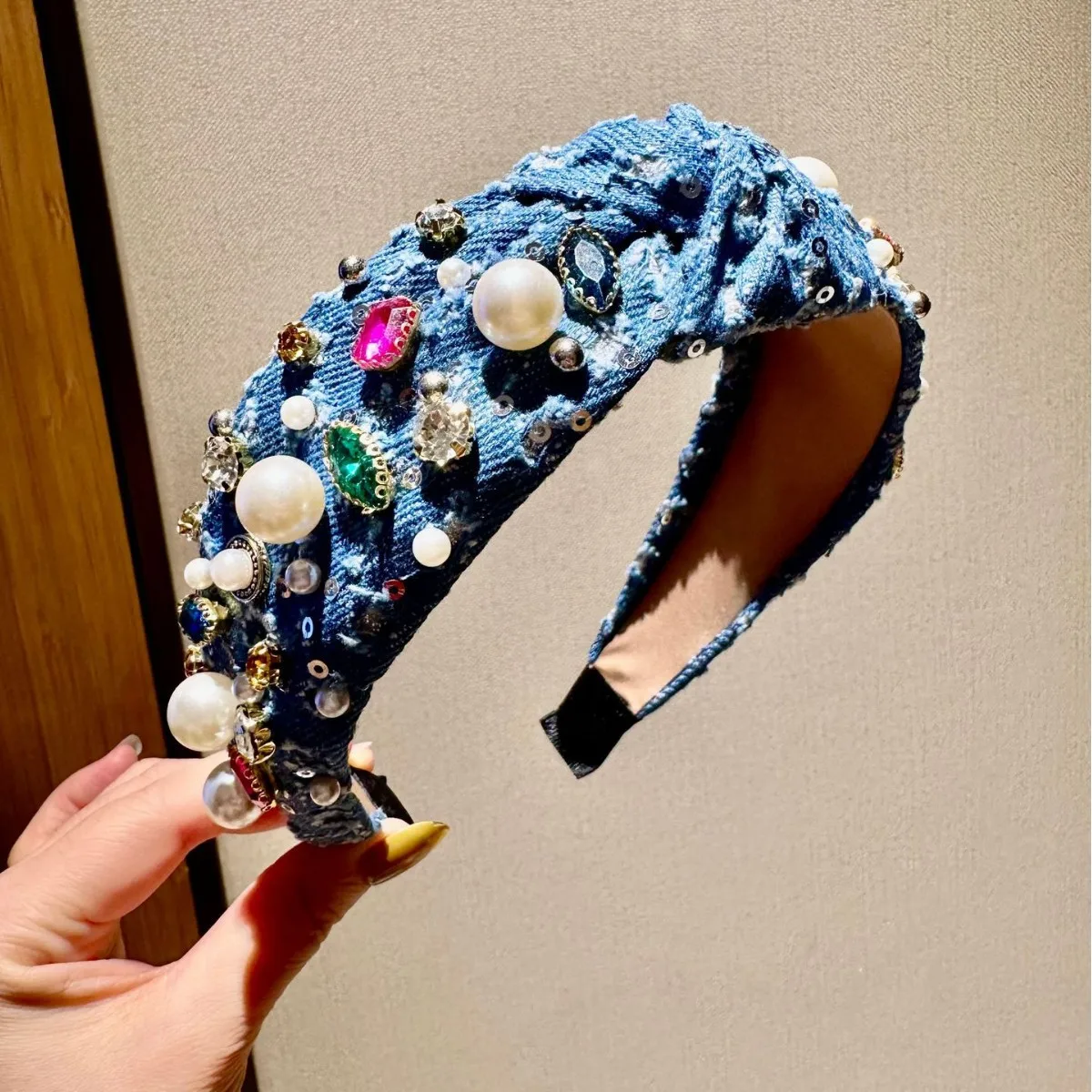 Hot Sale Heavy Industry Denim Bead Diamond Headband Light Luxury Premium Knotted Headband Baroque Headgear Hairpin