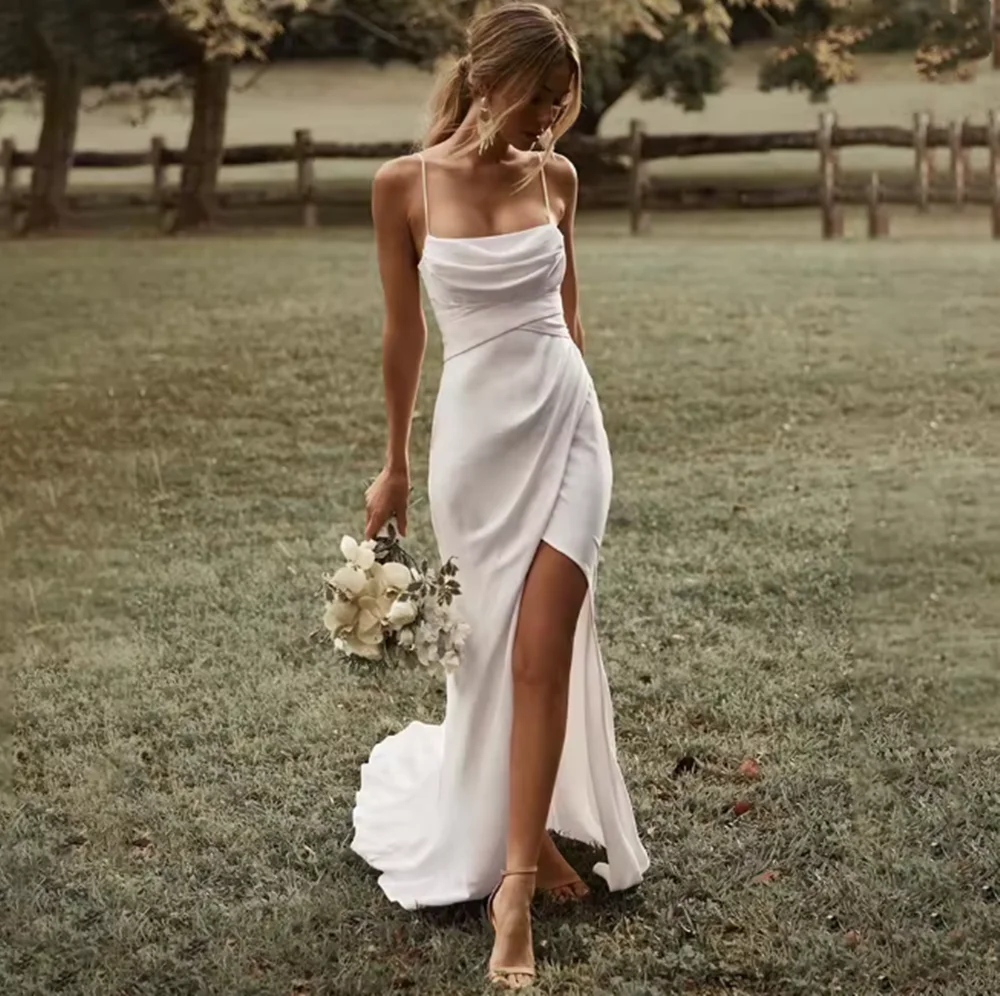 

White Spaghetti-Strap Satin Bridesmaid Dress 2025 Sleeveless Mermaid Backless Split Wedding Party Customizable Gown