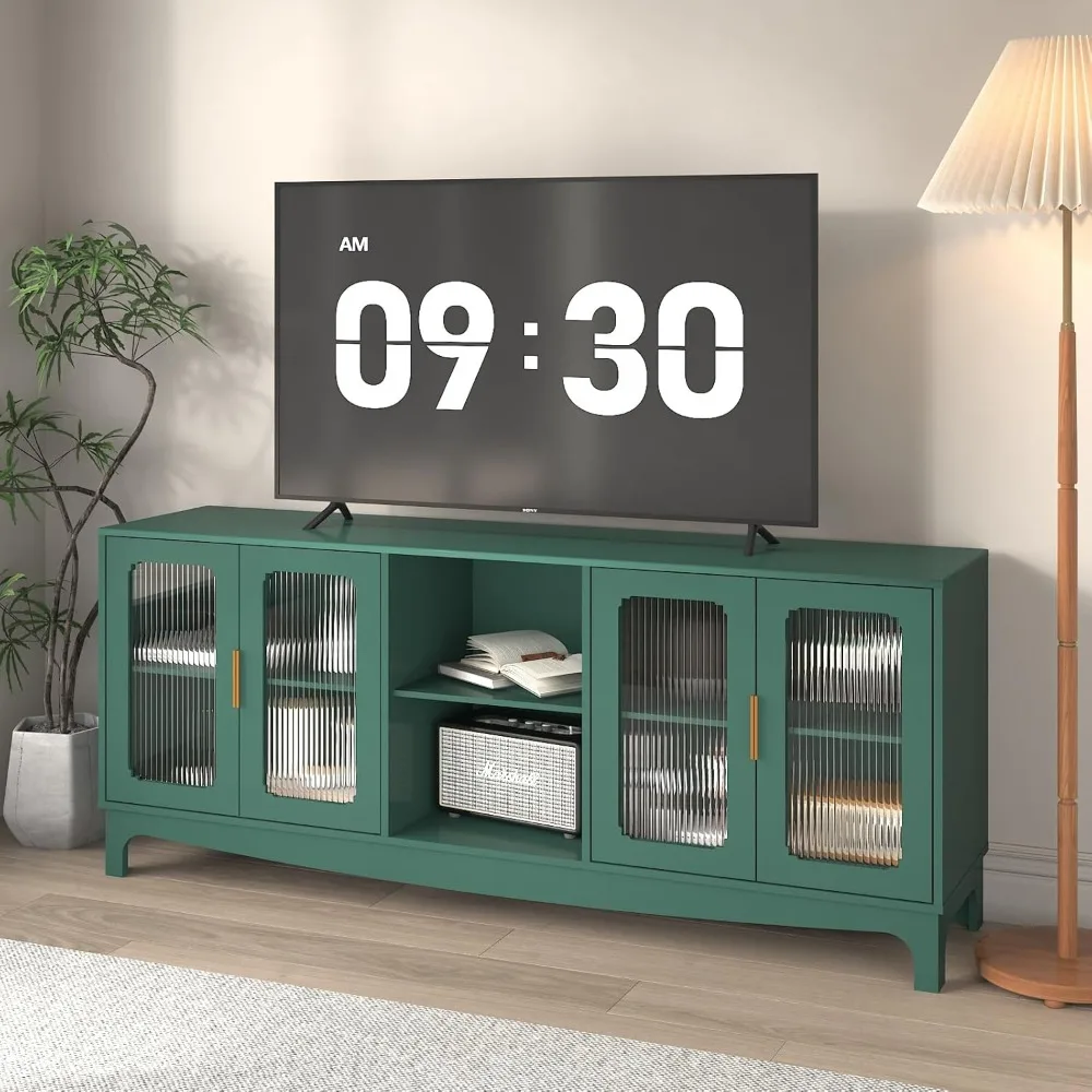 65 Inch Green TV Stand for TVs up to 70+ inch, Mid Century Modern Glass Door TV Console Table, Entertainment Center, Customized