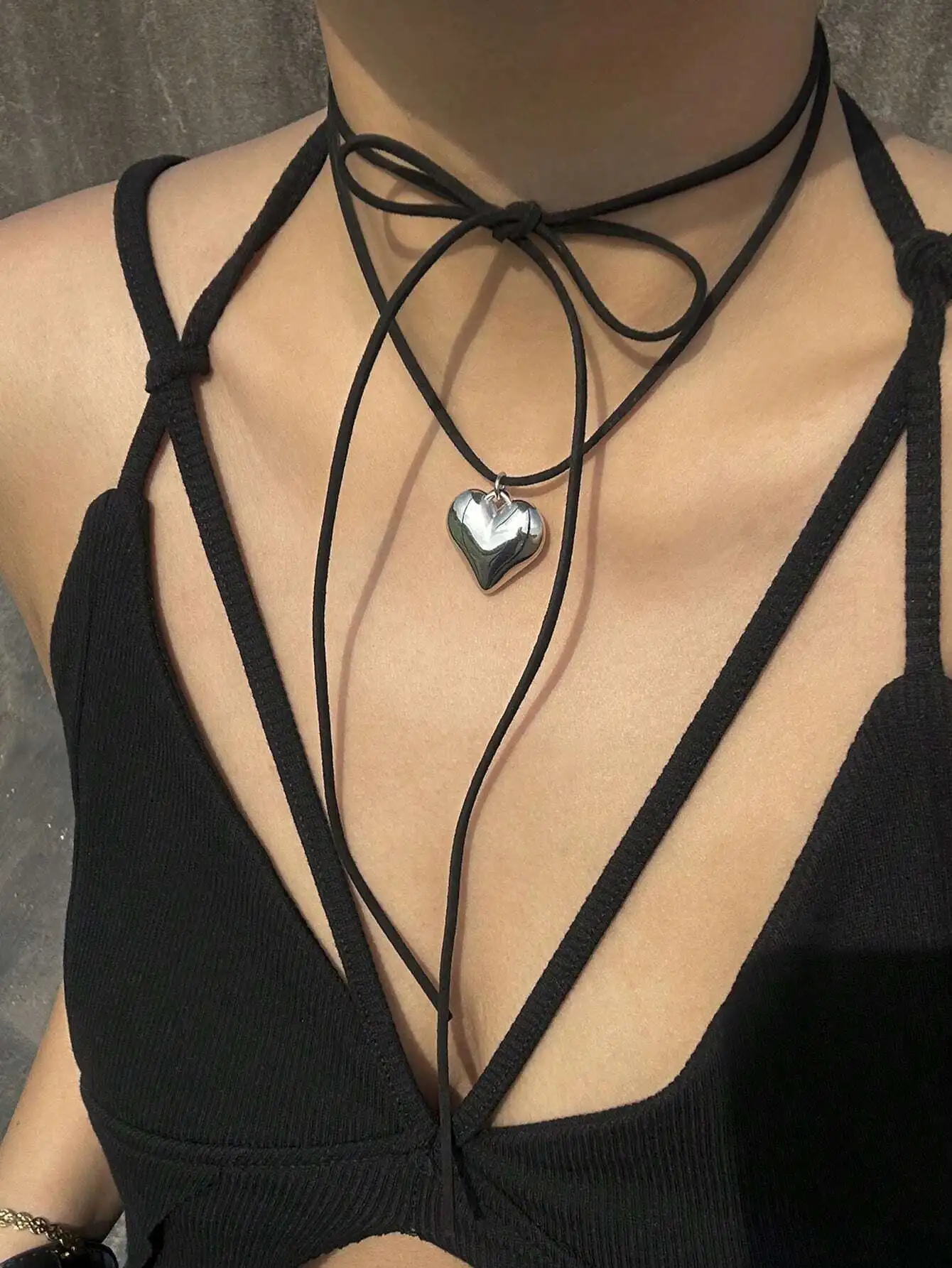 

Adjustable Black Cord Choker Necklace with Polished Heart Pendant for Women