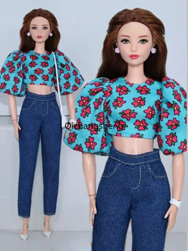 

Floral Puff Sleeve Shirt Crop Top Jeans Pants 1/6 Doll Outfits For Barbie Clothes Set 11.5" Dolls Accessories Clothing Kids Toys