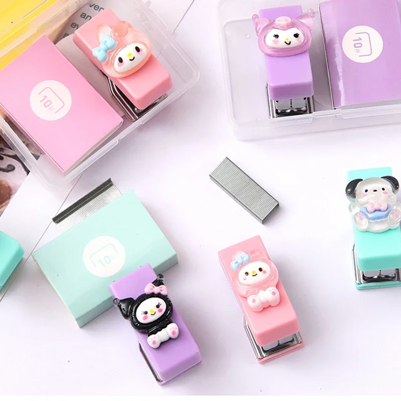 Sanrio Anime Cartoon Character My Melody Kuromi Stapler Set Kawaii Cinnamoroll Office Supplies Student Stationery Toy Gift