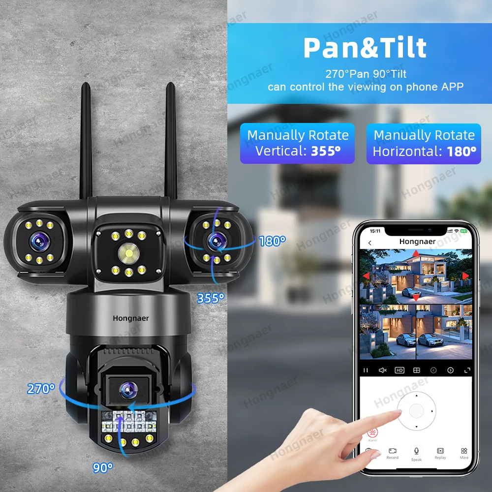 Hongnaer 12MP 6K Three Lens V380 Pro Outdoor Wireless Nigh Vision WiFi 4G Network PTZ Home CCTV 4G Sim Card WiFi Security Camera