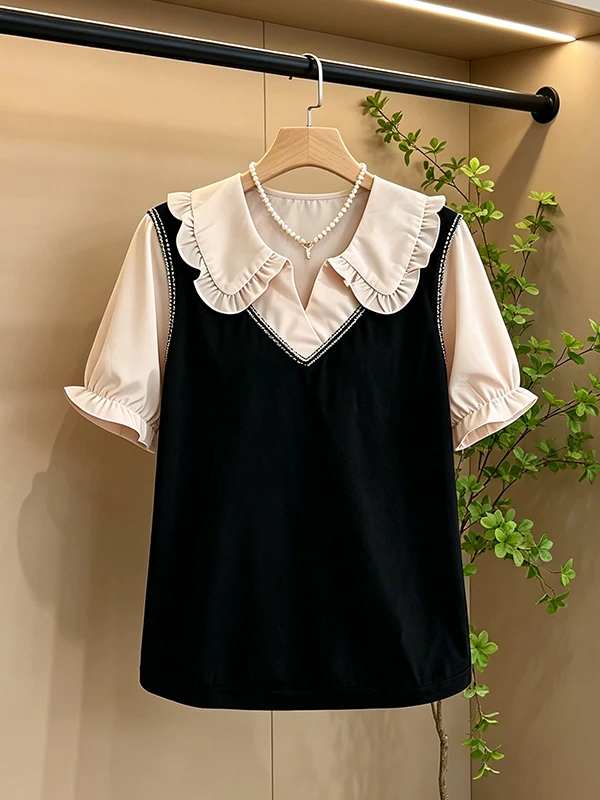

plus Size Summer Shirt Korean Style Short Sleeve Concealed Belly Doll Collar Splice Fake Two-Piece Slimming Top for Women