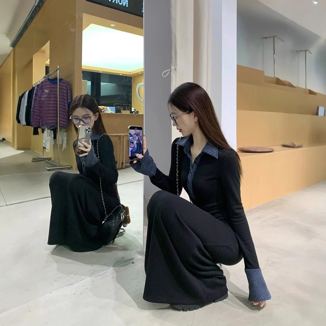 المرأة السوداء طويلة الأكمام قميص طوق فستان 2026 الخريف الشتاء الخصر Cinched سليم صالح تكدرت هيم أنيقة الأعمال فستان كاجوال