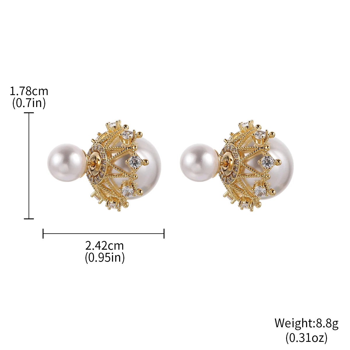 Double Sided Pearl Stud Earrings for Women French Baroque Crown Zircon Front Back Big Ball Elegant Wedding Party Jewelry Gift