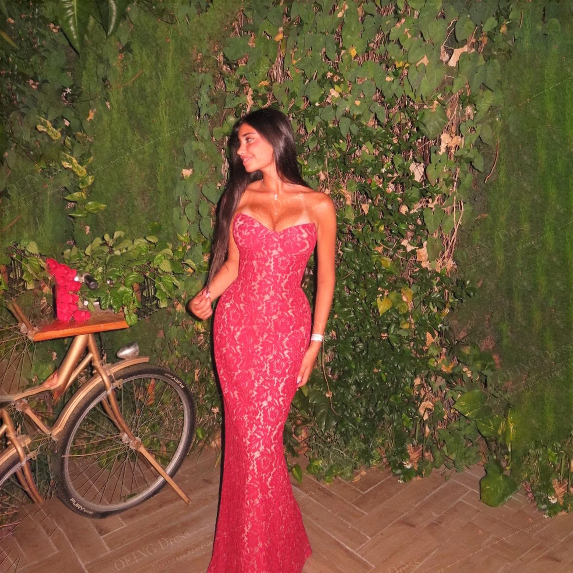 Red Strapless Lace Mermaid Maxi Evening Dress Sweetheart Neck Bodycon Formal Party Gown Custom Size Color Plus‑Size for Prom Wed
