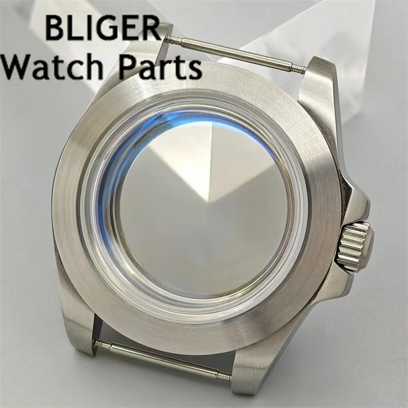 BLIGER 40mm Silver Watch Case With Blue AR Coated Domed Glass Fixed Bezel For NH34 NH35 NH36 ETA2824 PT5000 Movement