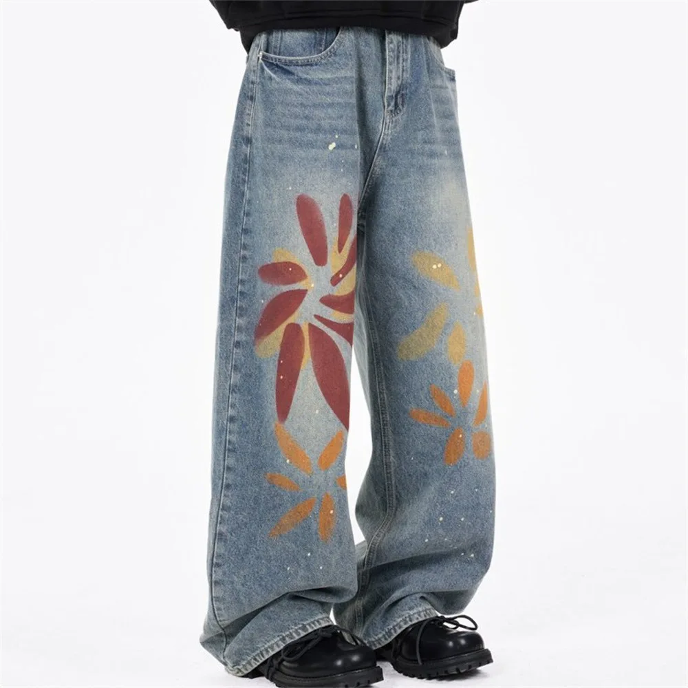 MWJLPWQ Graffiti Loose-Fit Jeans For Men High Street Trendy Paint-Splattered Wide-Leg Straight Pants 2026 Autumn Unique 20131