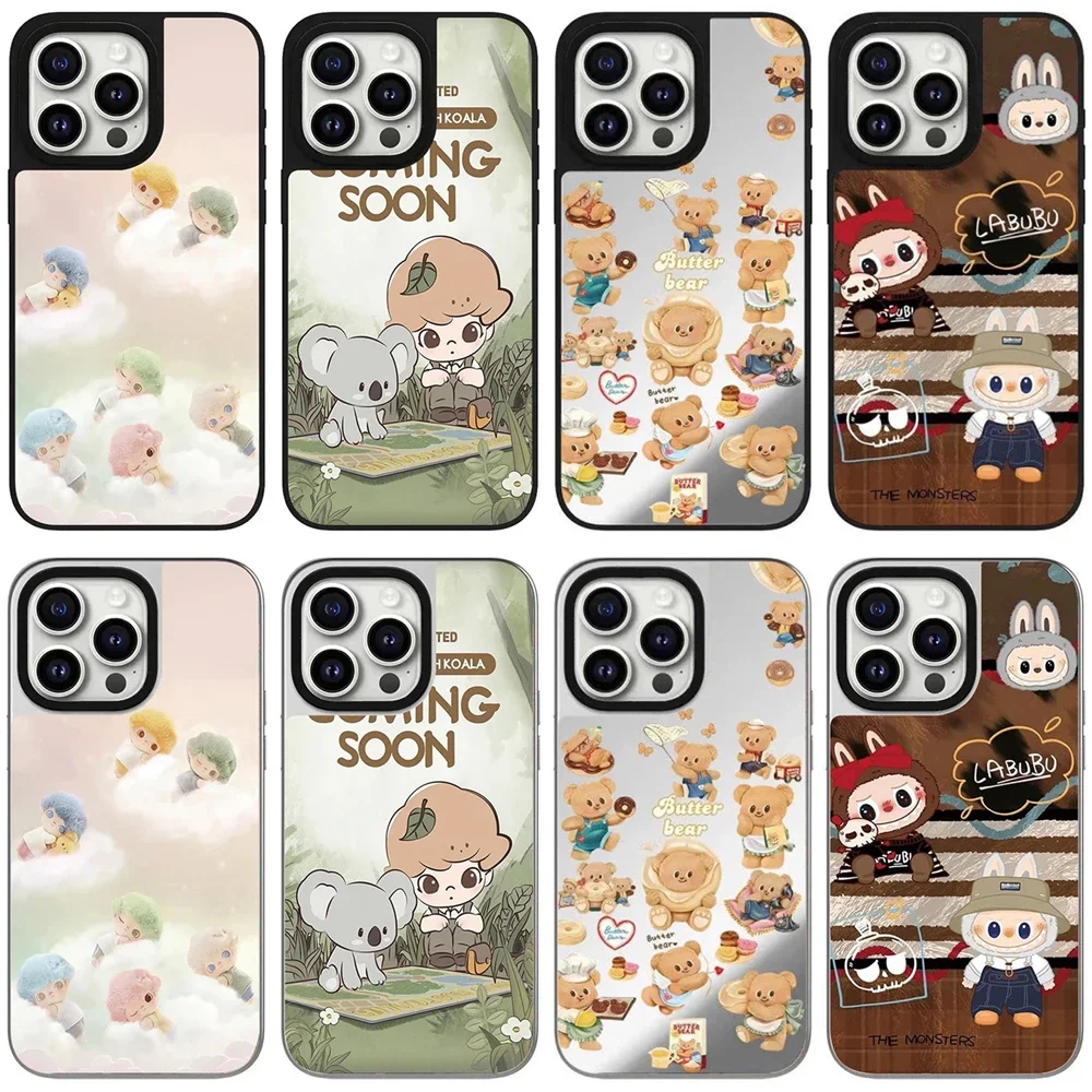 Cute Doll Bear Black Silver Border Mirror Magnetic Phone Case Cover for IPhone 12 13 14 15 16 Pro Max Case