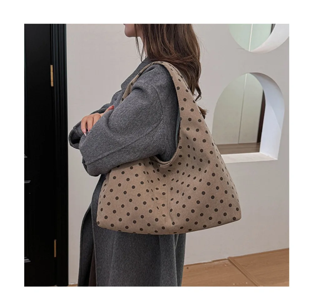 Neue Damenhandtasche mit Polka-Dot-Muster, lässige Umhängetasche aus Cord, große Tragetasche für den täglichen Pendelverkehr – Detail 12
