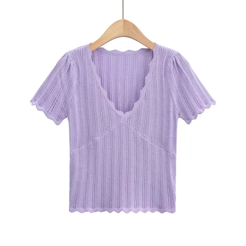 Women V Neck Knitted Crochet Tee With