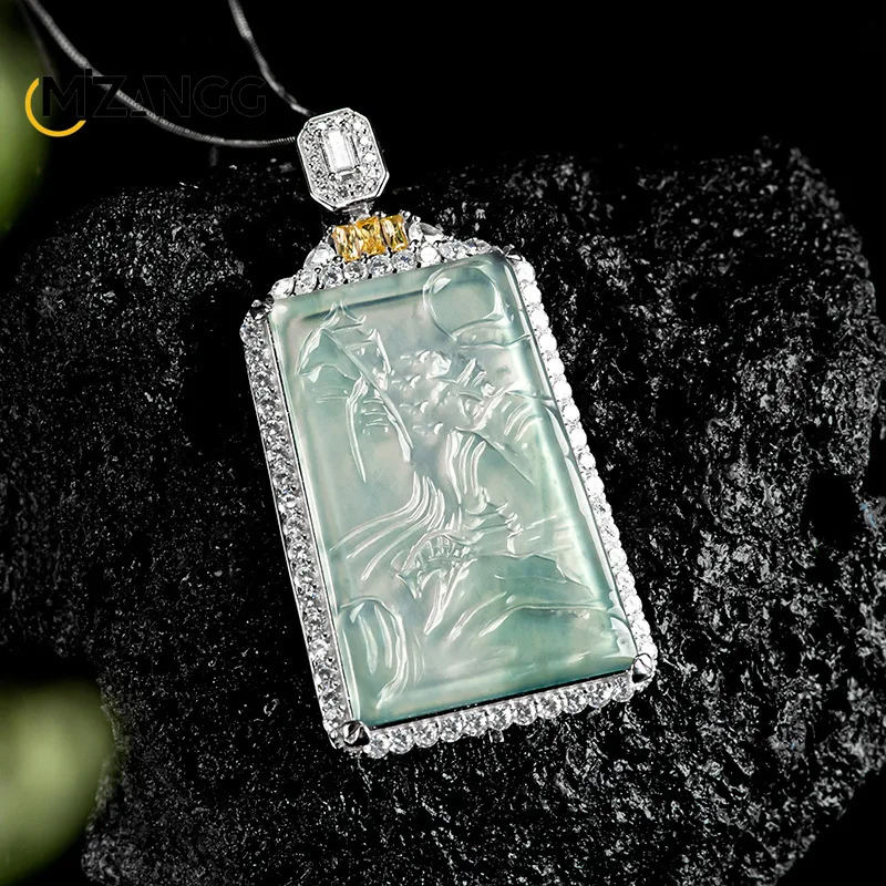 Natural A-goods Jadeite Blue Water Landscape Pendant S925 Silver Inlaid Hand-carved Ice Jade Necklace Men and Women Holiday Gift