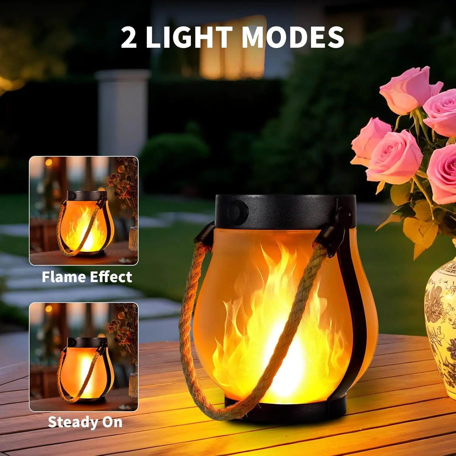 2 Pack Solar Flame Lanterns, Flickering LED Hanging Rechargeable Lights Waterproof Outdoor for Garden Yard Patio Christmas Decor