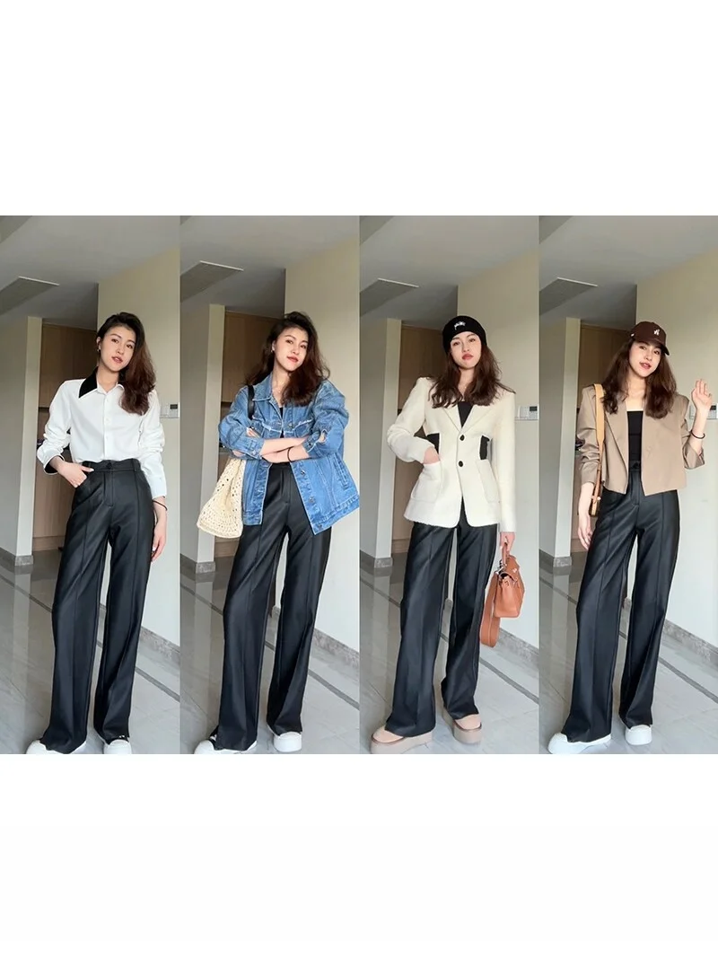 

Прямые брюки из искусственной кожи с высокой талией, корейские брюки с крутой драпированной текстурой, Новое поступление, зимние женские повседневные брюки