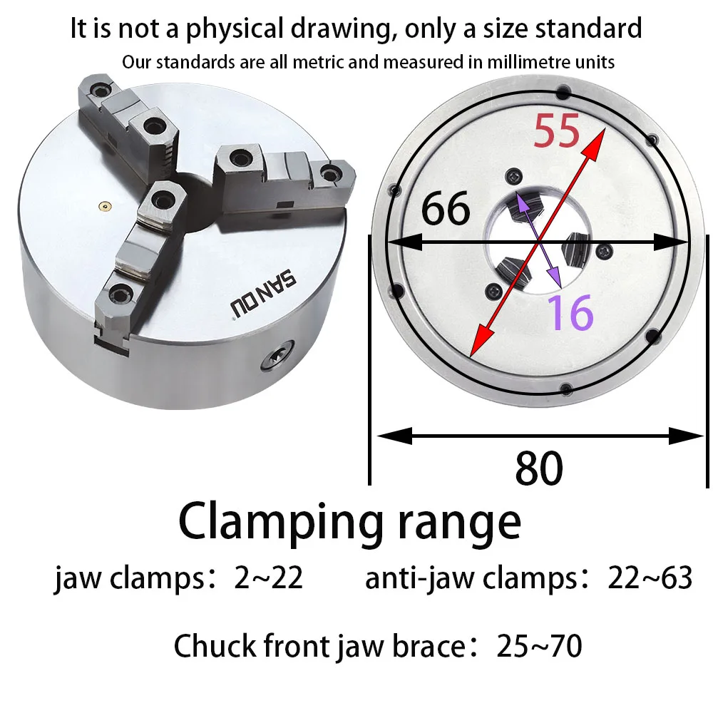 K11-80 3 Jaw Self-Centering 80mm(3.15 ft) Lathe Manual Scroll Chuck For Mini Mechanical Lathe With Harden Steel For Wood Process