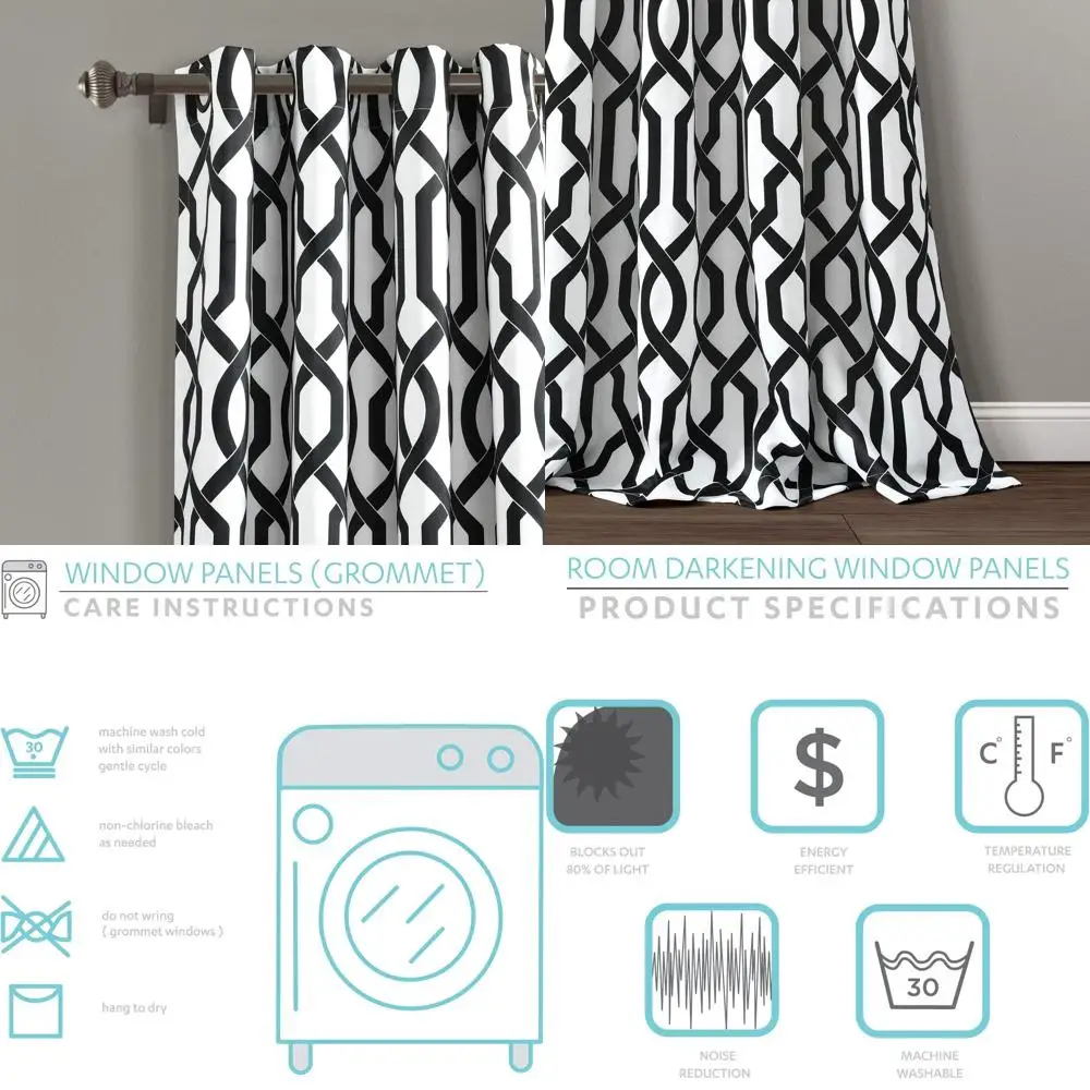 

Light Filtering Window Curtains Set, Black & White, 52W x 95L for Living, Dining, Bedroom
