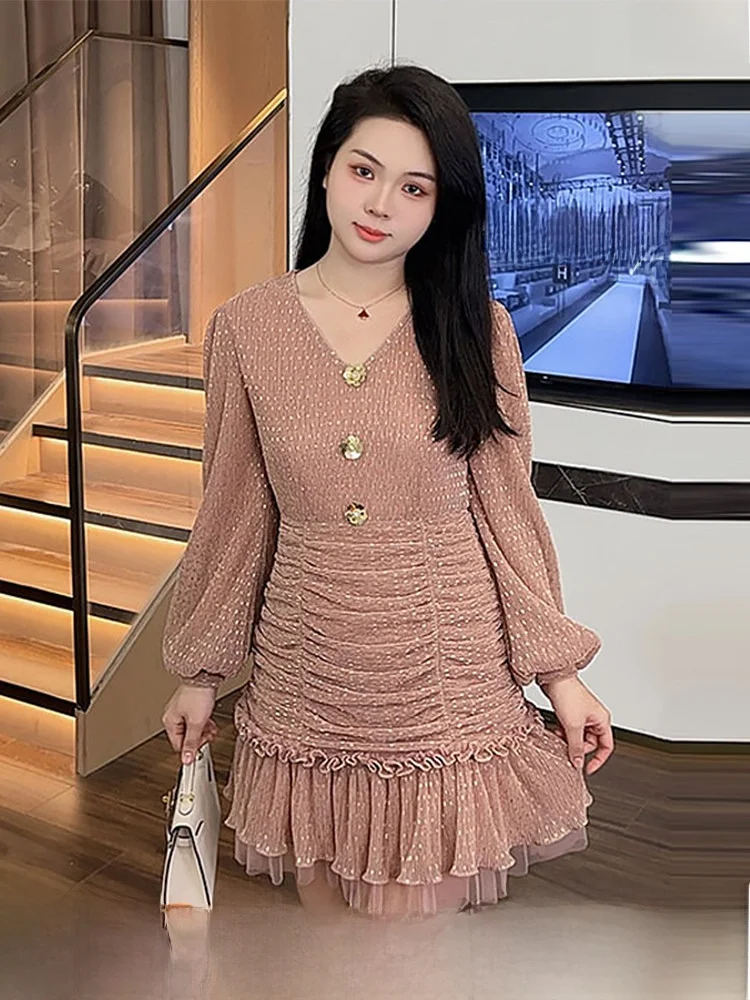 

Sweet Sle Pleated Long Sve Dr for plus Size Women High Waist A-Line Skirt Polyester Fiber Autumn Winter Ci Commute