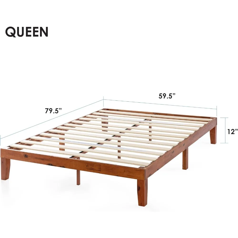 Tempat tidur platform kayu padat 12 ", bilah kayu-tanpa kotak musim semi diperlukan-Queen