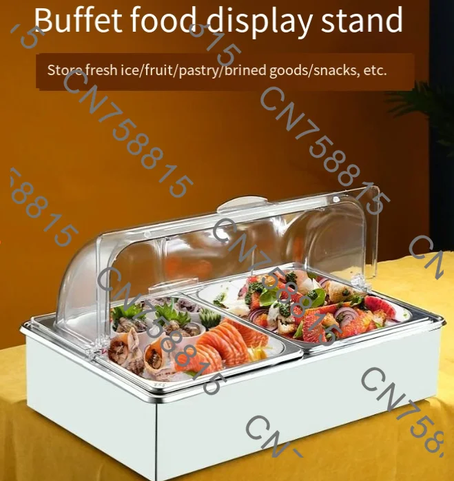Dust Cover Buffet  Transparent Fresh-keeping Cover Flip Display，Stainless Steel Chilled Display Stand Ice Tray