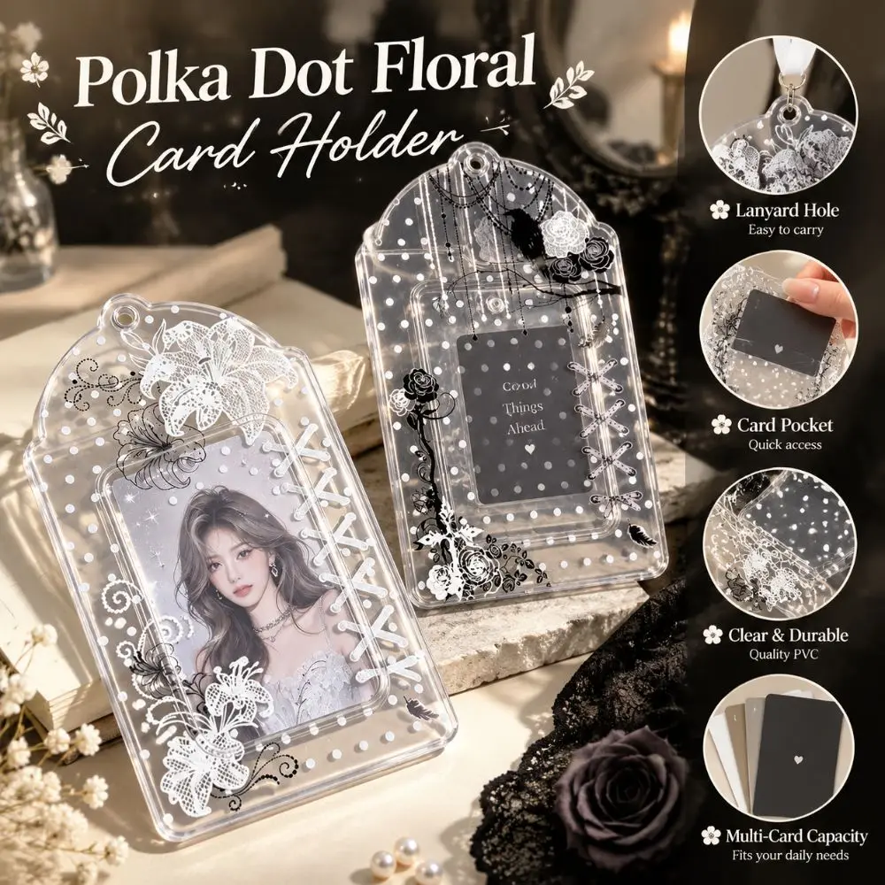 New PVC Sleeve Photocard Holder Polka Dot Floral Transparent Card Display Pouch Hanging Hole ID Protector Gifts
