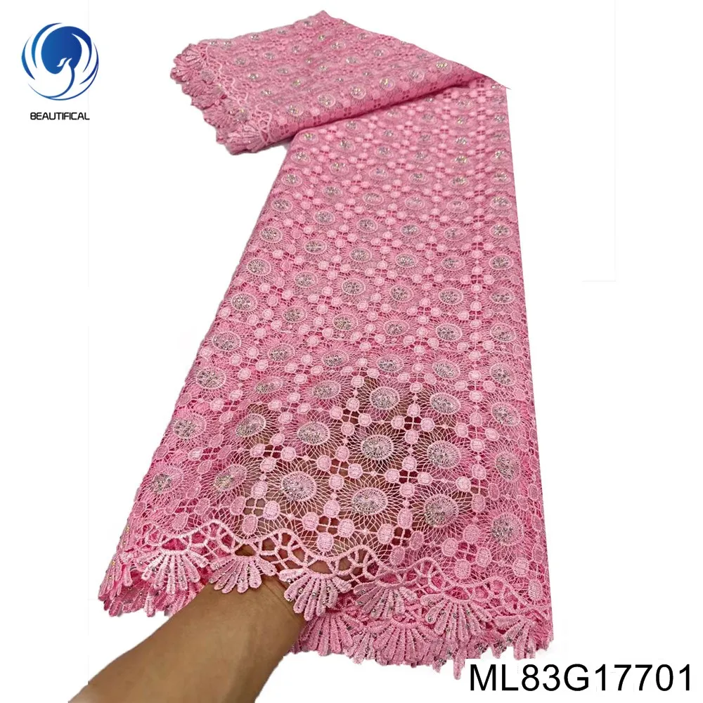 

New Luxury Nigerian Water Soluble Cord Fabric, African Guipure Lace，Dazzling Rhinestones Ornament Evening Dress ,ML83G177