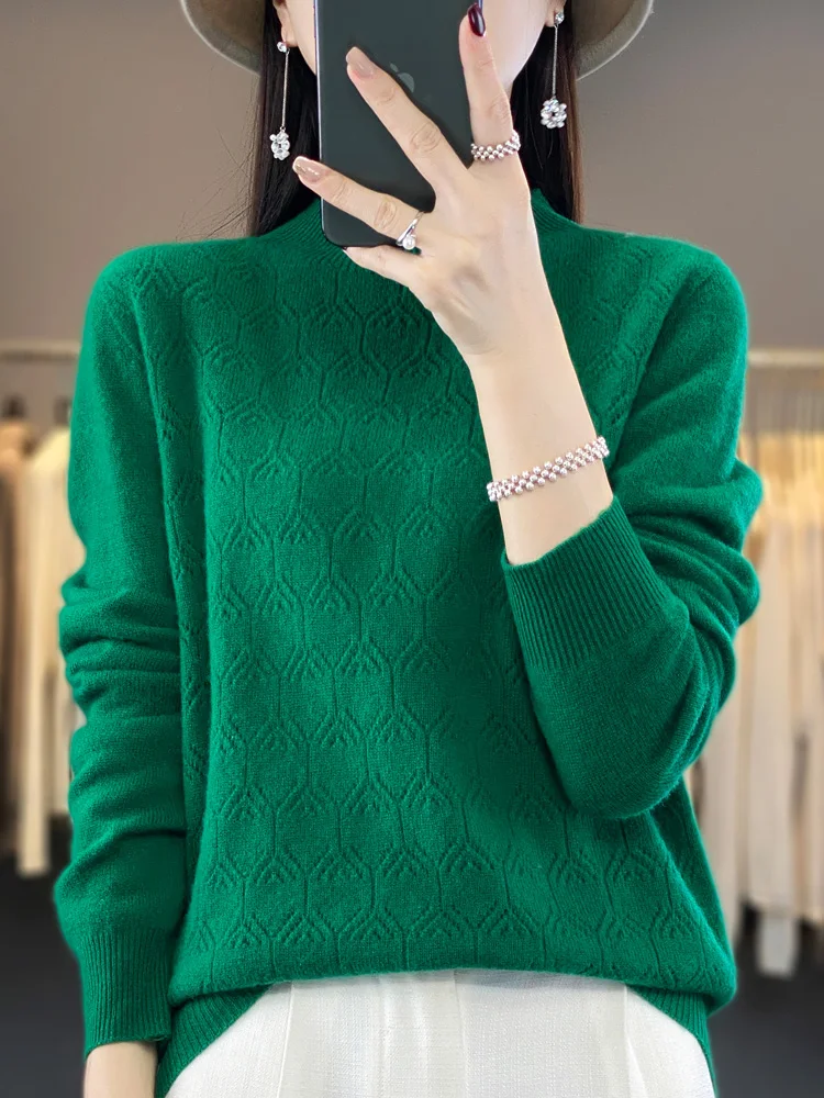 

New Fashion Women Autumn Sweater 100% Merino Wool Pullover Mock Neck Hollow Long Sleeve Cashmere Knitwear Female Clothing