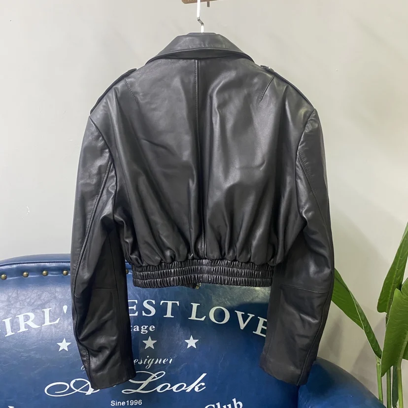 Jaqueta Retro de Couro Genuine Bla ort para Mulheres, Nova Jaqueta de Primavera 2023, Jaqueta de Motocicleta com Cintura Drop Azul, Estilo Moderno