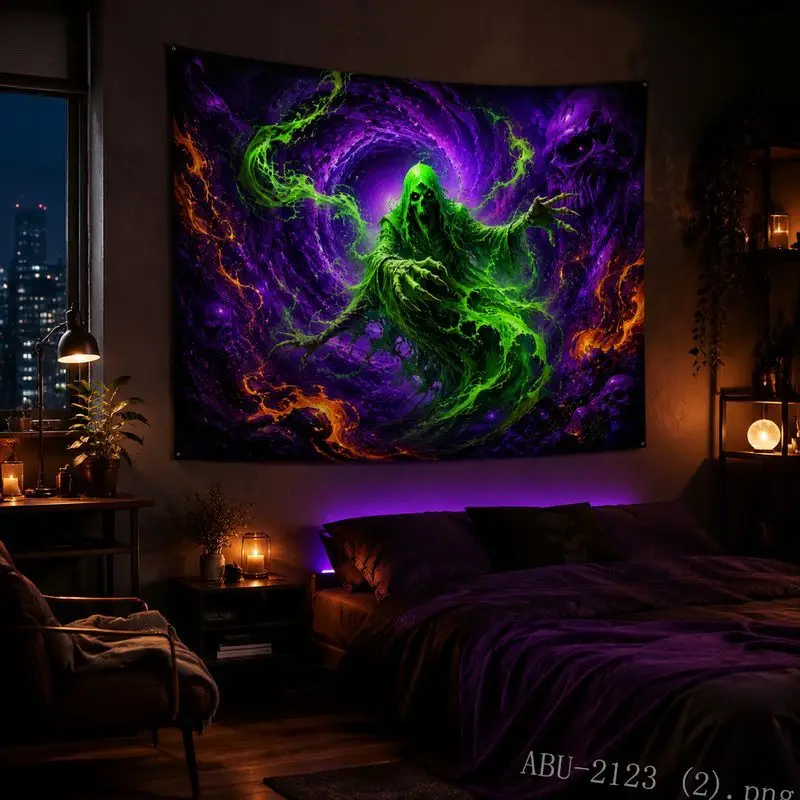 VIKAMA UV Blacklight Tapestry Ghost Pumpkin Psychedelic Halloween Wall Hanging Glow Gaming E-Sports Dorm Bedroom Home Decor
