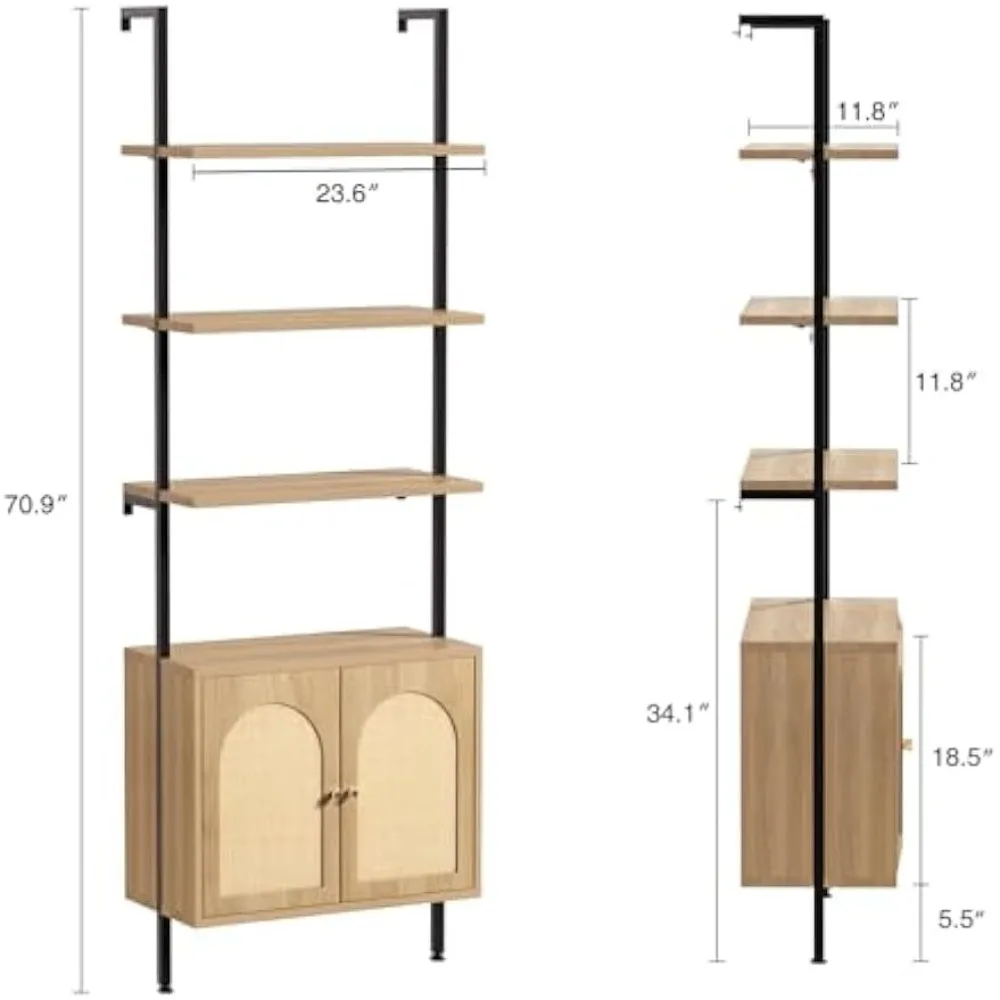مجموعة من رفين كتب طويلين مع مساحة تخزين، ورف كتب سلم من 6 طبقات مع خزانة من الروطان، وخزانة كتب مثبتة على الحائط مع أبواب وإطار معدني #2