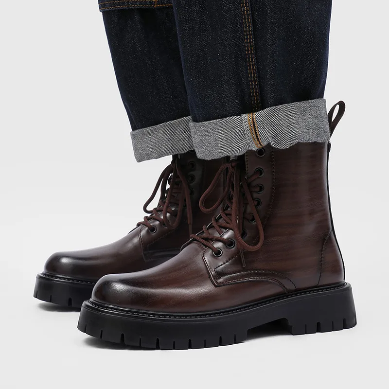 men fashion genuine leather boots lace-up black brown shoes cowboy platform boot big size handsome high motorcycle botas hombre