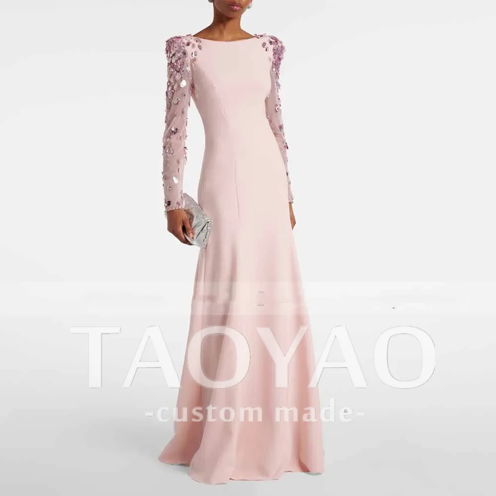 

Pink Evening Dresses O-Neck Mermaid Illusion Sequined Full Sleeves Evening Gowns Mermaid/Trumpet Pink Wedding Guest Dress