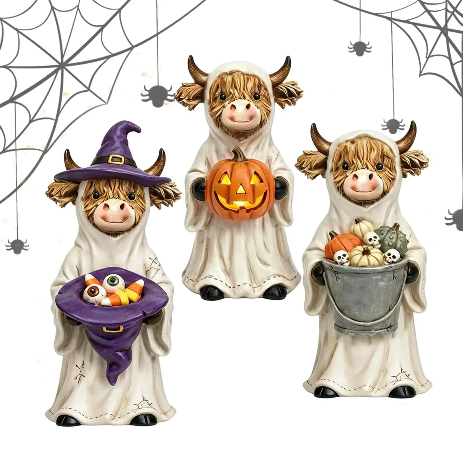 3pcs Halloween Ghost Highland Cow Resin Ornaments Pumpkin Skull Witch Hat Theme Wearing Ghost Robes And Calf Statues Decoration