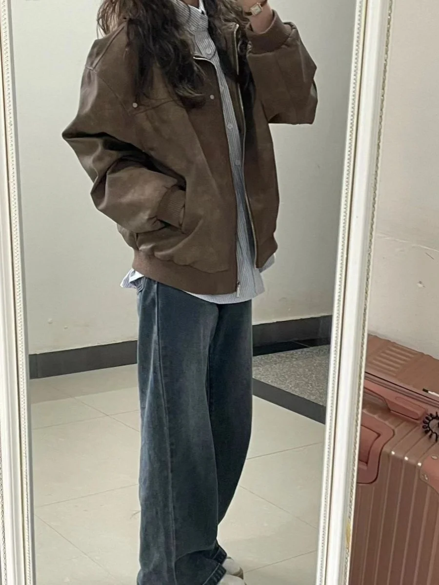 Cappotto Jaet in pelle da donna American Sle Colletto rovesciato vintage High Street Versatile coppia allentata Jaet da baseball alla moda