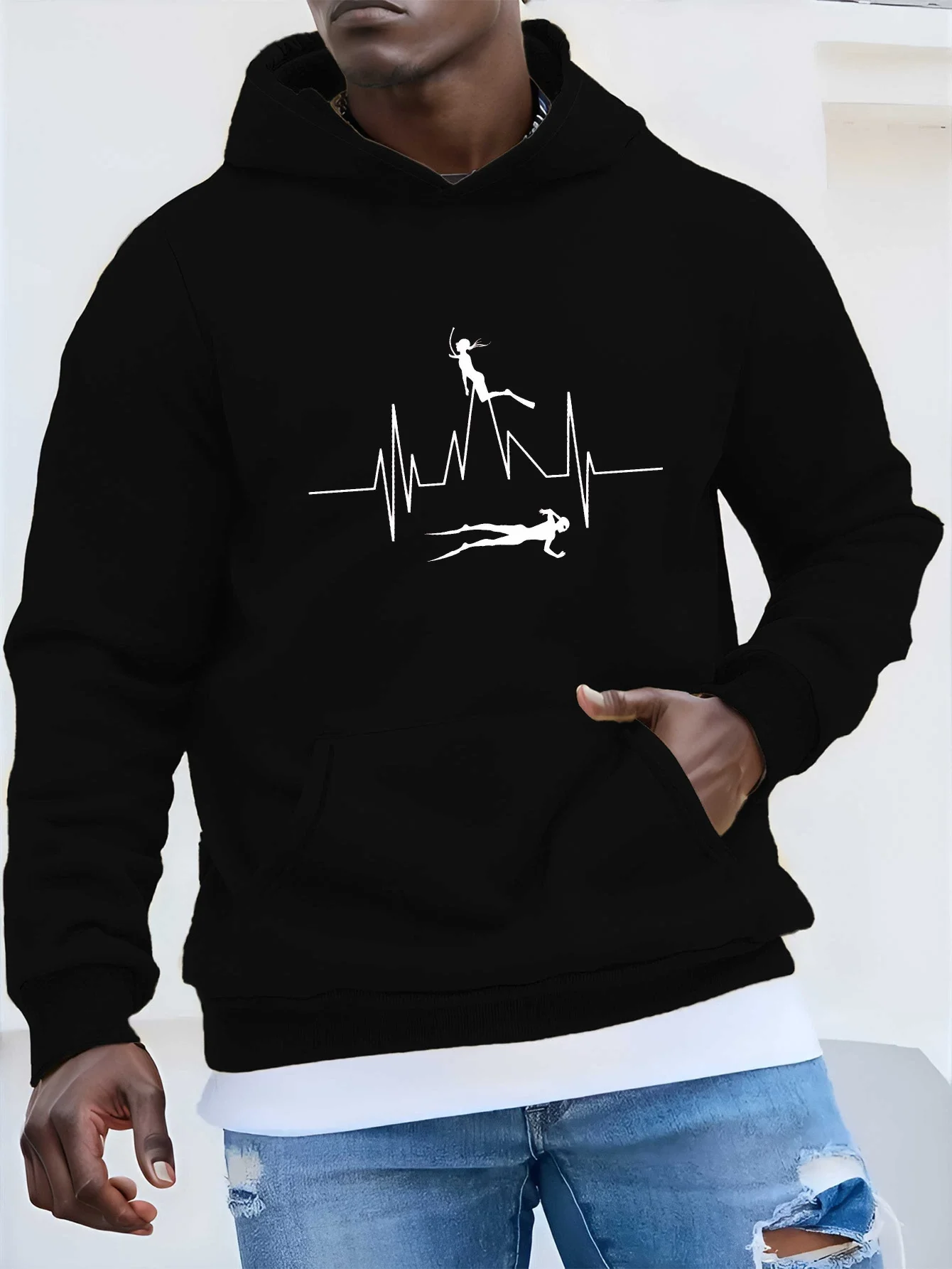 EKG Swimmer Silhouette Hoodie - Green Swimming-Themed Sweatshirt with Front Pocket, EKG Heartbeat Line & Diver Print