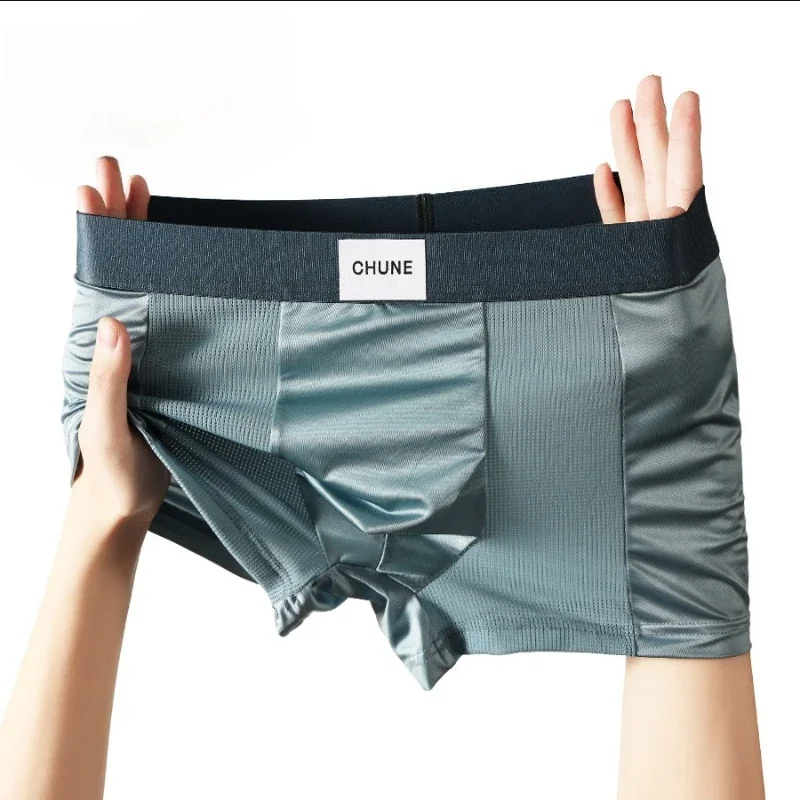 1/3PCS Boxer da uomo in raso di seta ghiacciata ad alta elasticità Mutandine comode Tinta unita a vita media Biancheria intima senza cuciture di grandi dimensioni