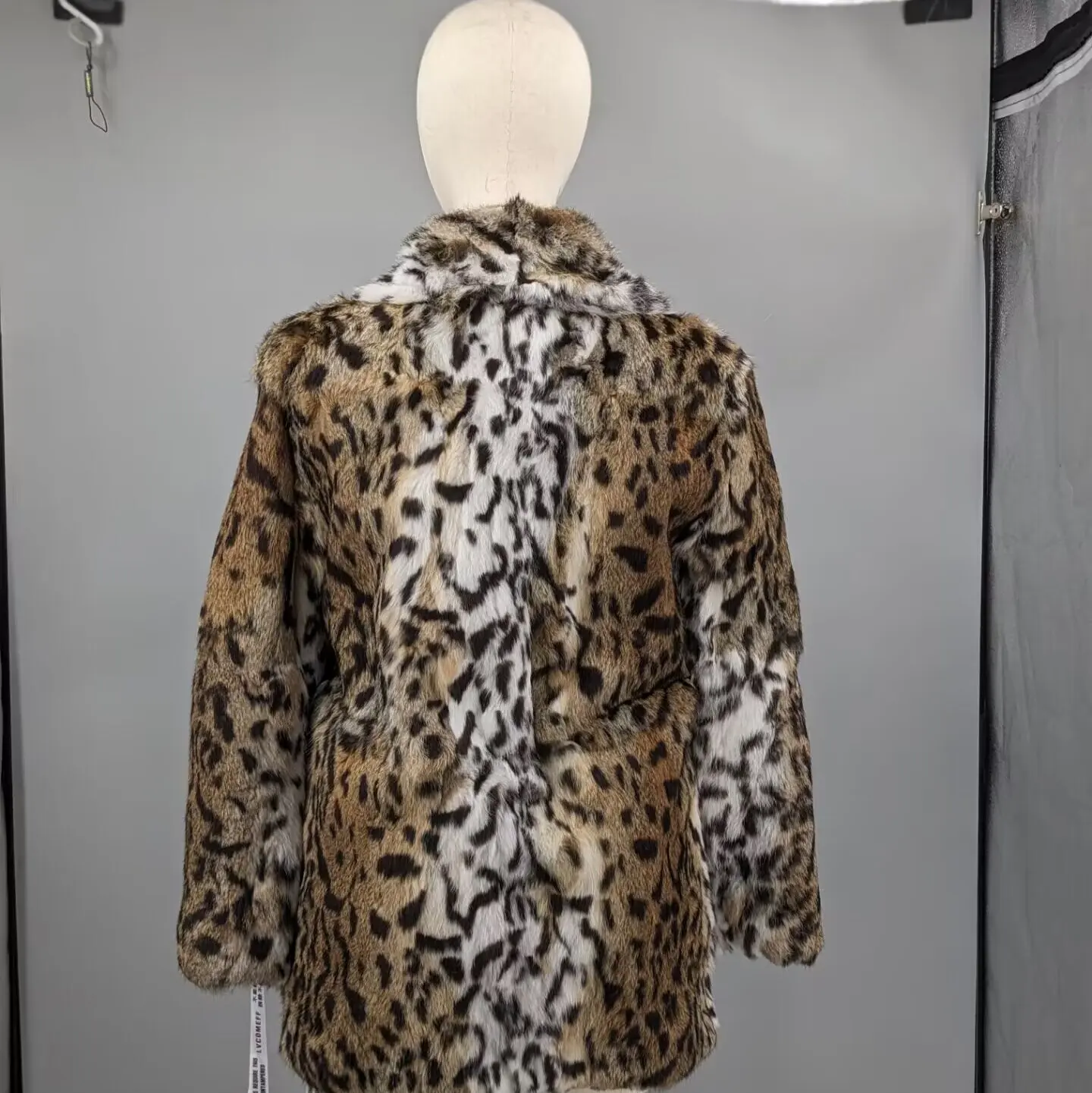 Women Leopard Print Real Whole Rabbit Fur Long Coat Contrast White Notch Lapel Open Front Luxury Winter Fur Outerwear 241222
