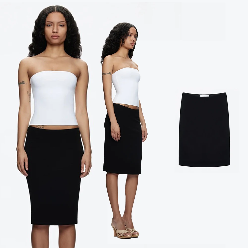 Tank Usd Dollar Print Skirt, Black Mid-Low Waist Bodycon Skirt, Double-Layer Rayon Fabric, Low-Waist Slimming Elastic Versatile Stylish Mid-Length Skirt